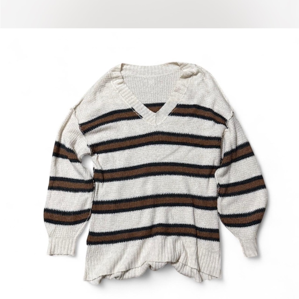 American Eagle Outfitters Cream Striped V-Neck Sweater